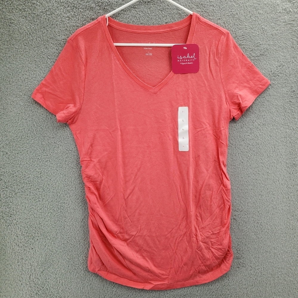 Isabel Maternity by Ingrid V-Neck Side Shirred Maternity T-Shirt Pink Large NWT